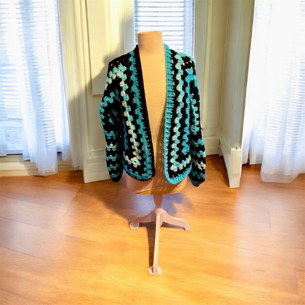 Stylish Blue and Black Women's Handmade Crochet Cardigan